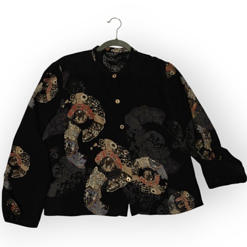 Citron Santa Monica 100% Silk Black Oriental Patterned Blouse Sz XL